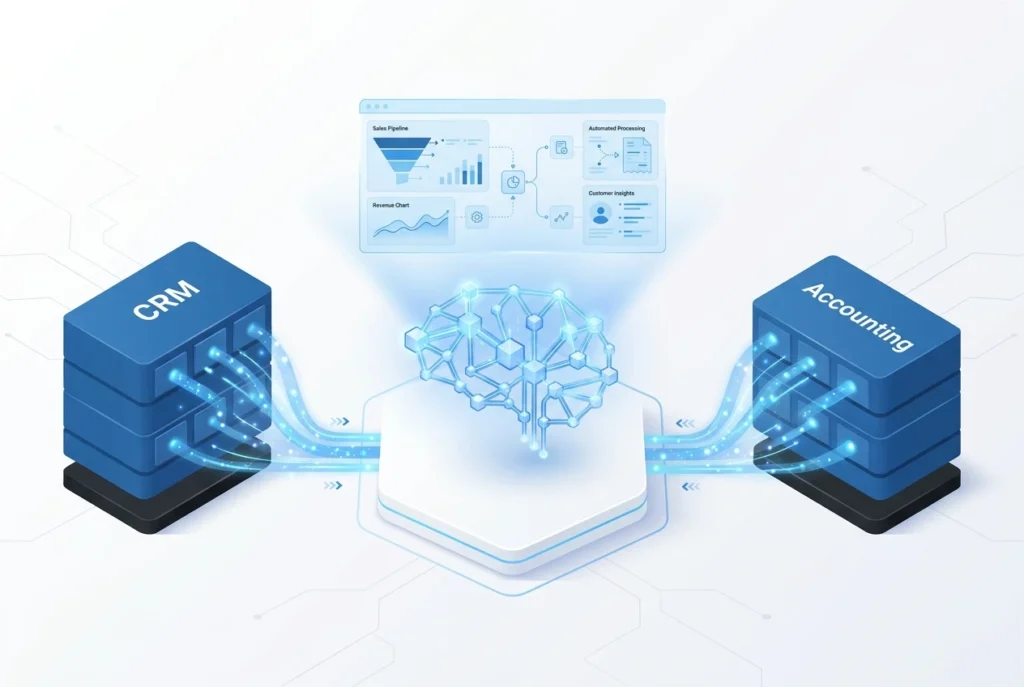 واجهة برمجية توضح ربط الأنظمة بالذكاء الاصطناعي لمزامنة بيانات CRM والمحاسبة بدقة من شركة lo-ol.AI للأتمتة.