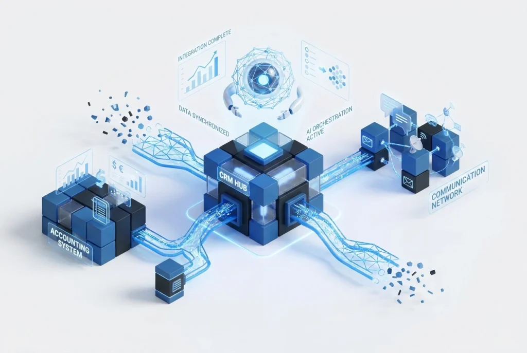 تصميم يوضح ربط الأنظمة بالذكاء الاصطناعي وتكامل CRM مع المحاسبة لتحقيق أتمتة ذكية للمبيعات عبر lo-ol.AI