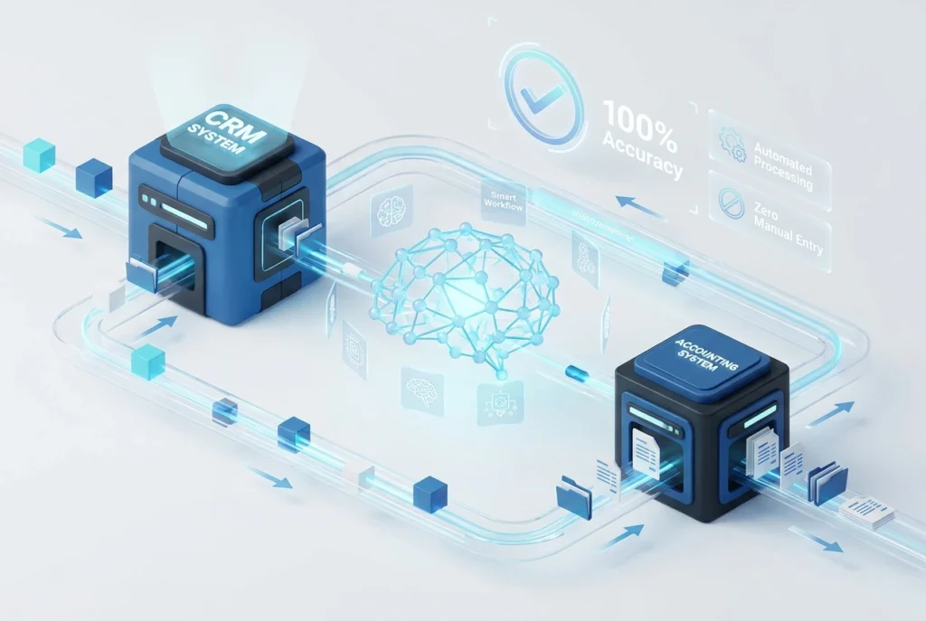 ربط الأنظمة الذكي وتكامل CRM والمحاسبة عبر lo-ol.AI لضمان بيانات دقيقة 100% ومنع أخطاء الإدخال اليدوي.