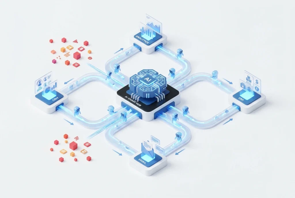 شاشة تظهر ربط الأنظمة الذكي من lo-ol.AI لتحويل البيانات تلقائياً بين CRM وبرامج المحاسبة بدقة