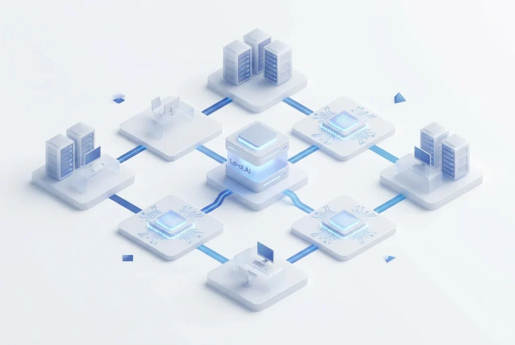 صورة توضيحية لعملية أتمتة المهام الإدارية، تظهر روبوتات تعمل على تنظيم البيانات وتحسين سير العمل في بيئة مكتبية حديثة، مما يعكس الكفاءة والابتكار.