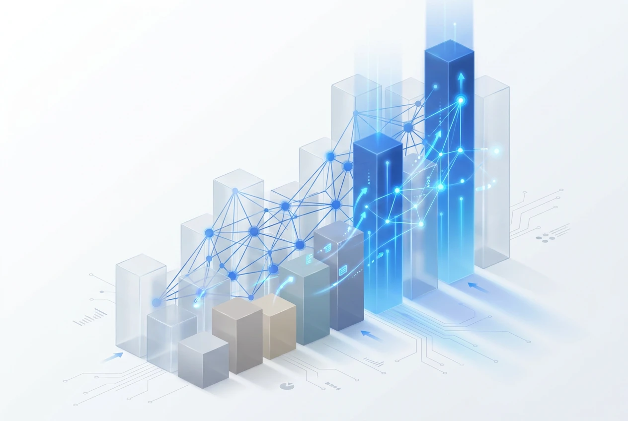 A digital dashboard showing charts and graphs representing AI analysis of sales data, with glowing lines connecting data points to revenue growth icons.