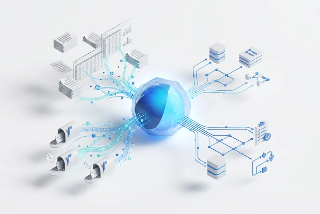 صورة توضيحية ليد بشرية تتفاعل مع واجهة رقمية تعرض أيقونات للمهام الروتينية التي يتم أتمتتها بواسطة الذكاء الاصطناعي، مع شعار Lo-ol.AI في الخلفية.