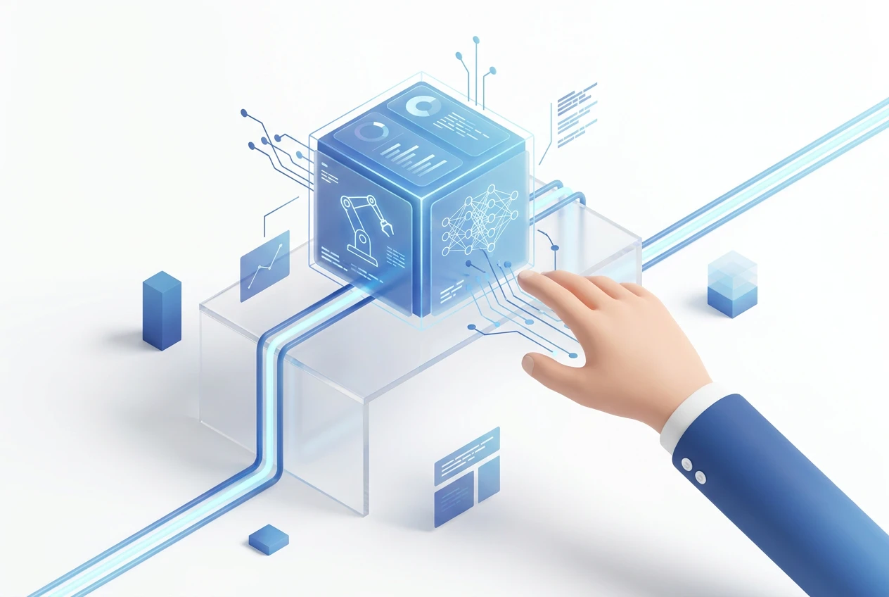A diagram showing human icons and robot icons collaborating around a central data hub, representing a hybrid workforce.