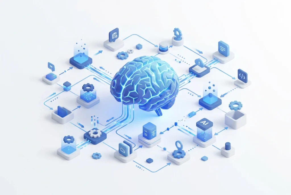 صورة توضيحية لتنسيق العمليات الذكي، تظهر شبكة معقدة من الأنظمة المترابطة والبيانات المتدفقة، مع لوحة تحكم مركزية تدير المهام بذكاء وكفاءة.