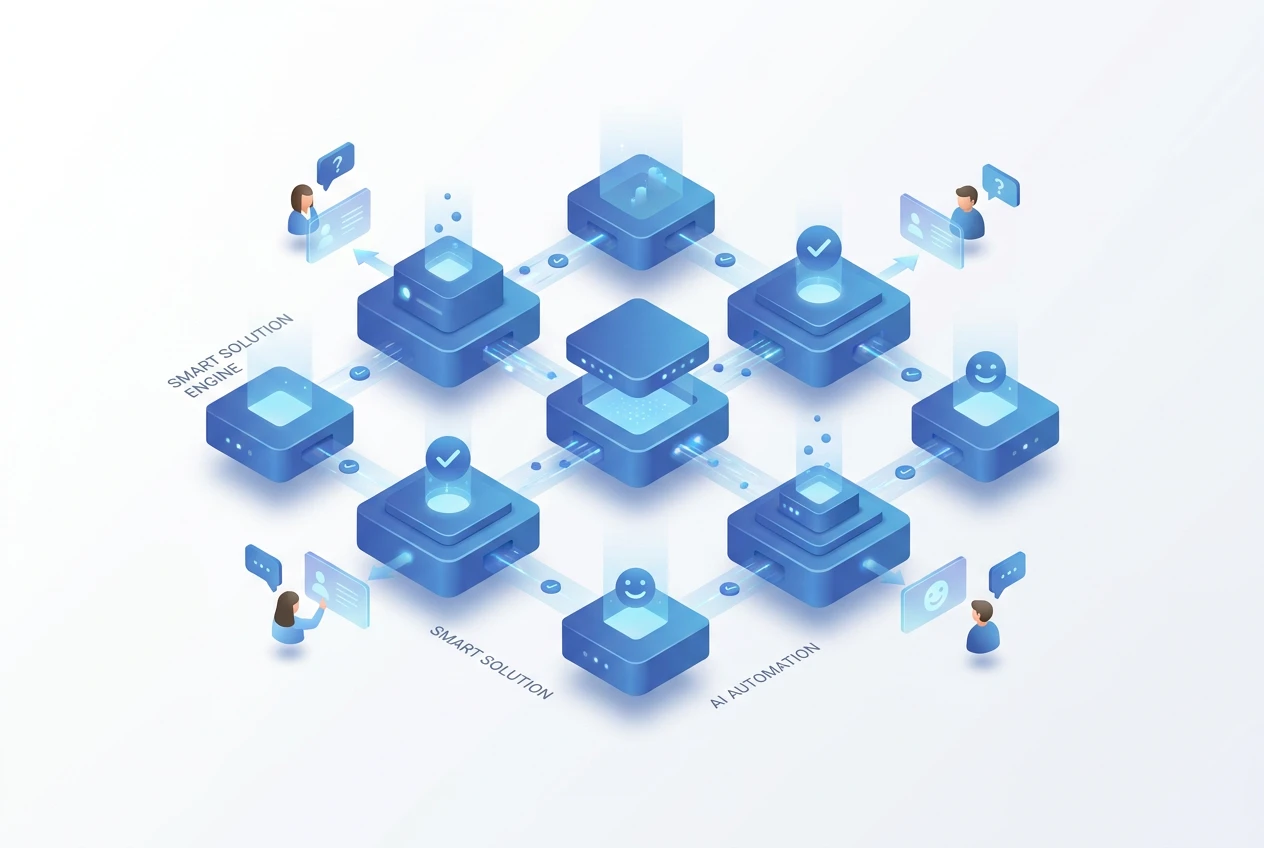 رسم بياني يوضح كيفية تكامل محرك الحلول الذكية مع أنظمة CRM و ERP و المخزون لتقديم حلول متكاملة للعملاء.
